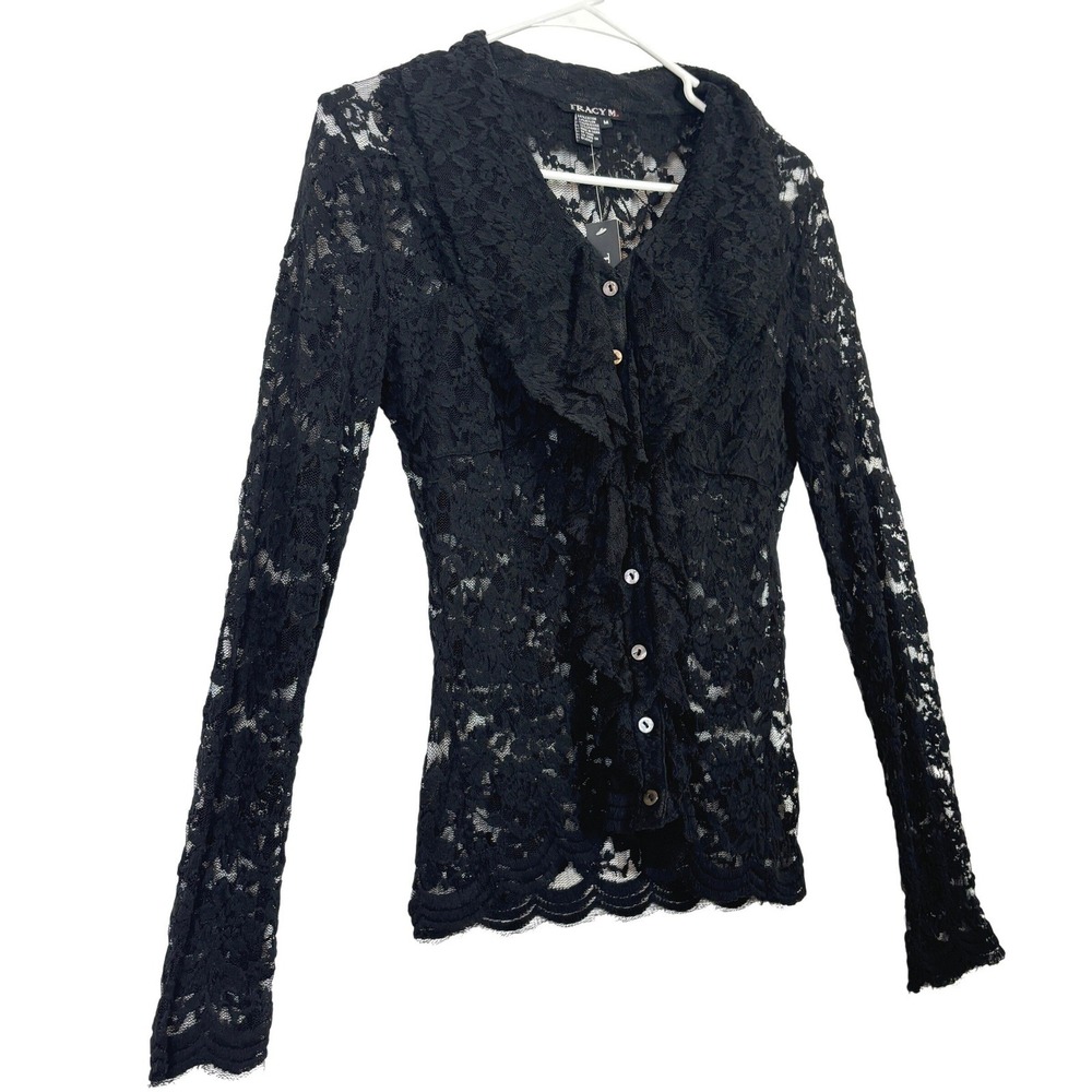 Lace Ruffle Cardigan Black Sheer Victorian Goth Whimsigoth Dark Fairy MEDIUM